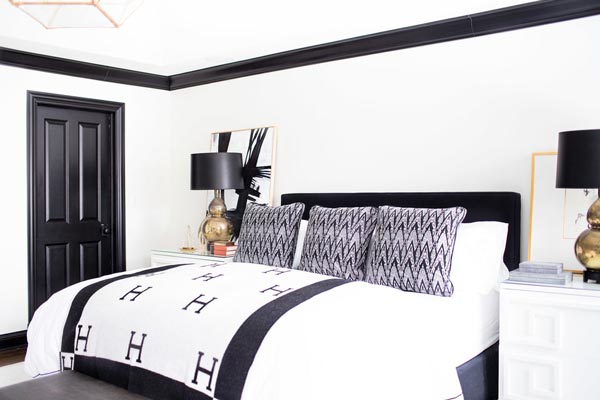 White bedroom with black trim